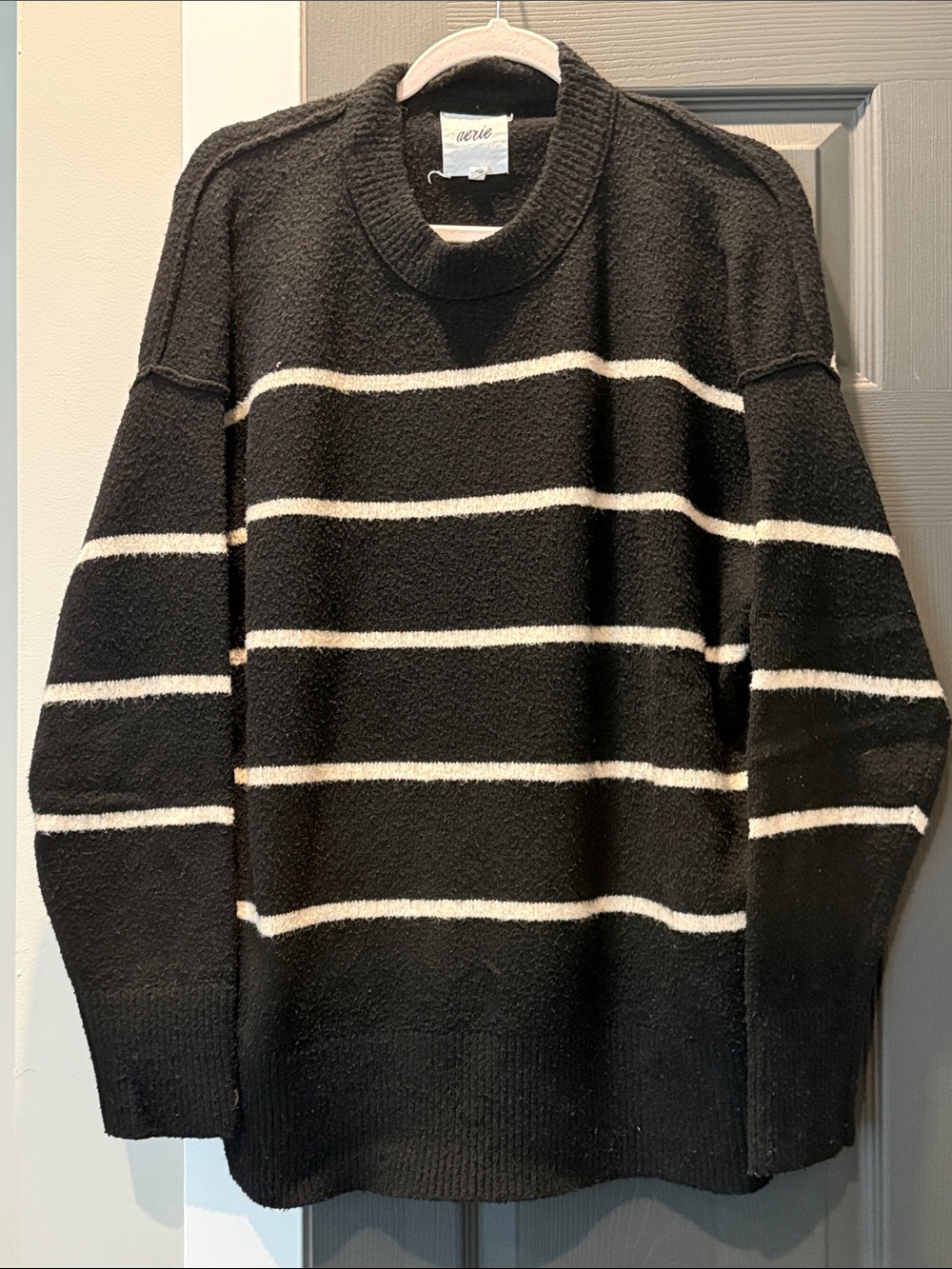 aerie Black Crewneck Sweater with White Stripes